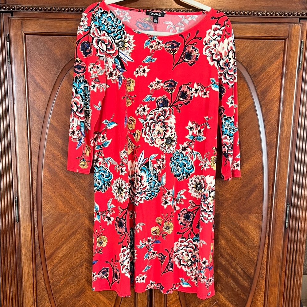 Roz & Ali Red Floral Long Sleeve Dress
